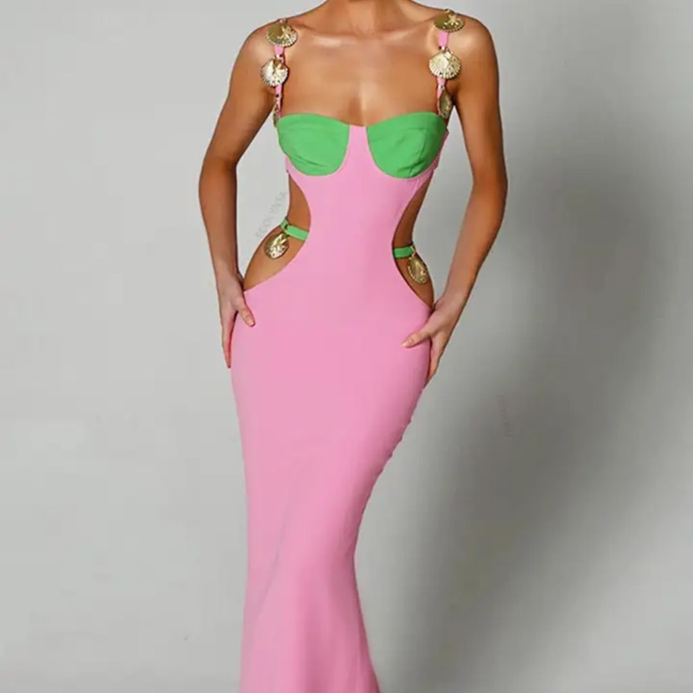 Pink green stretchy bra top maxi gold seashell cutout dress